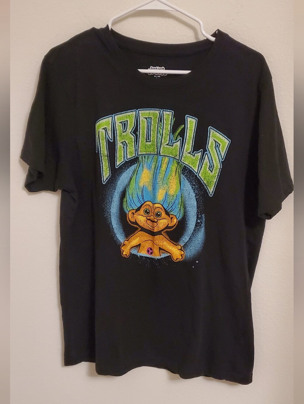 Trolls Good Luck Graphic Tee with Neon Hair Retro 90s Nastolgia Grunge Kidcore